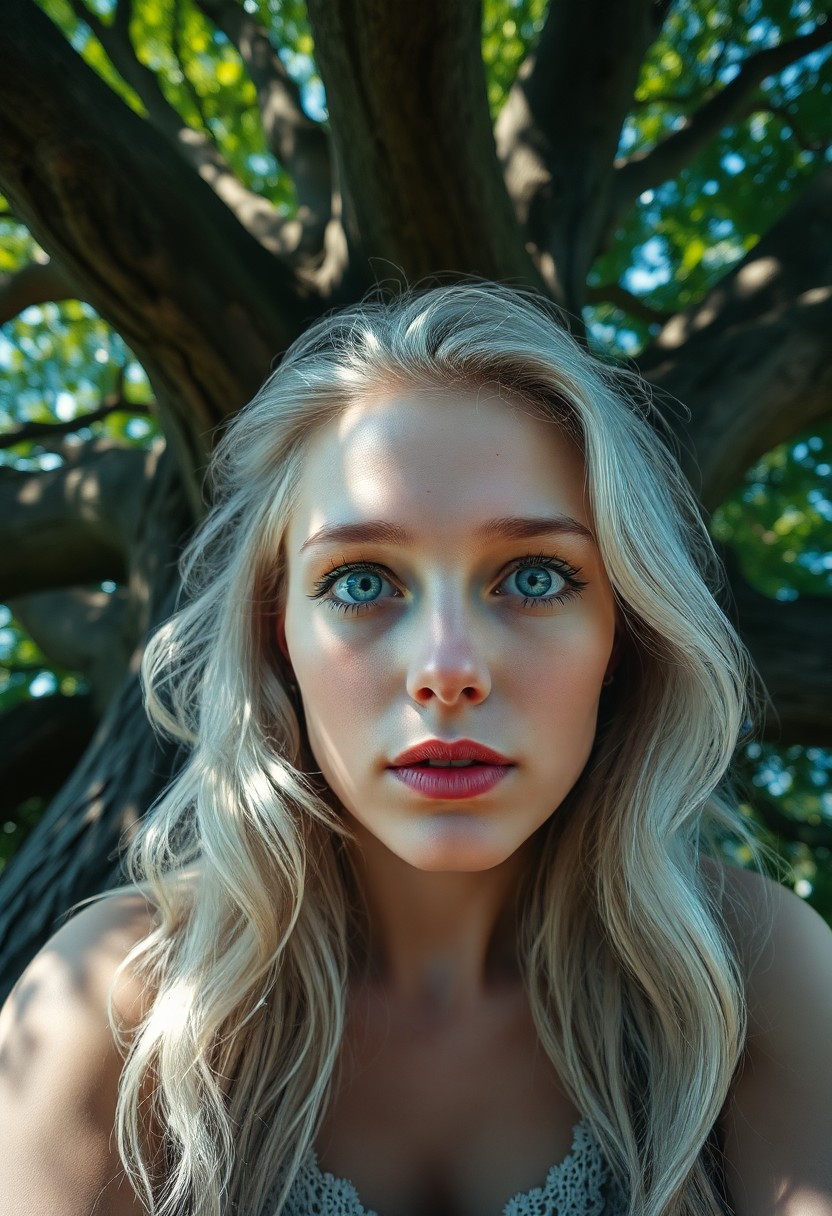 AI generated art for prompt: A portrait photograph captures an enigmatic Slavic woman with piercing ice-blue eyes and shimmering 