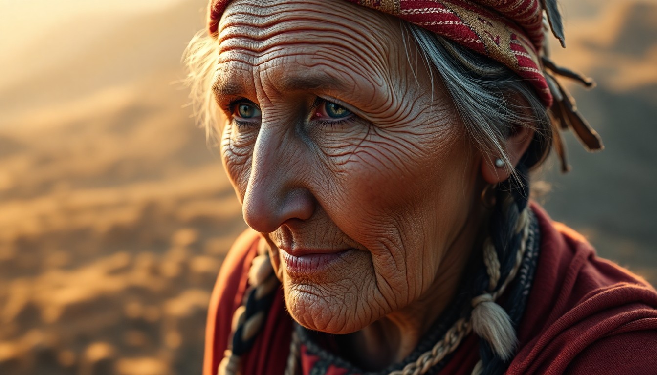 AI generated art for prompt: Imagine a hyperrealistic portrait of an elderly Native American woman, her deep-set eyes holding an 