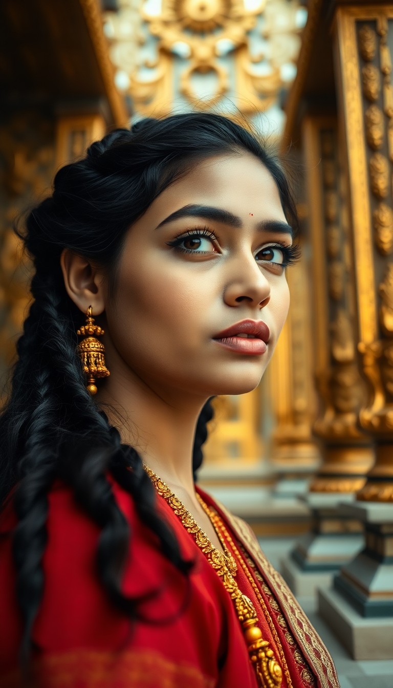 AI generated art for prompt: A portrait photograph captures the enigmatic allure of a South Asian woman in her late twenties. She