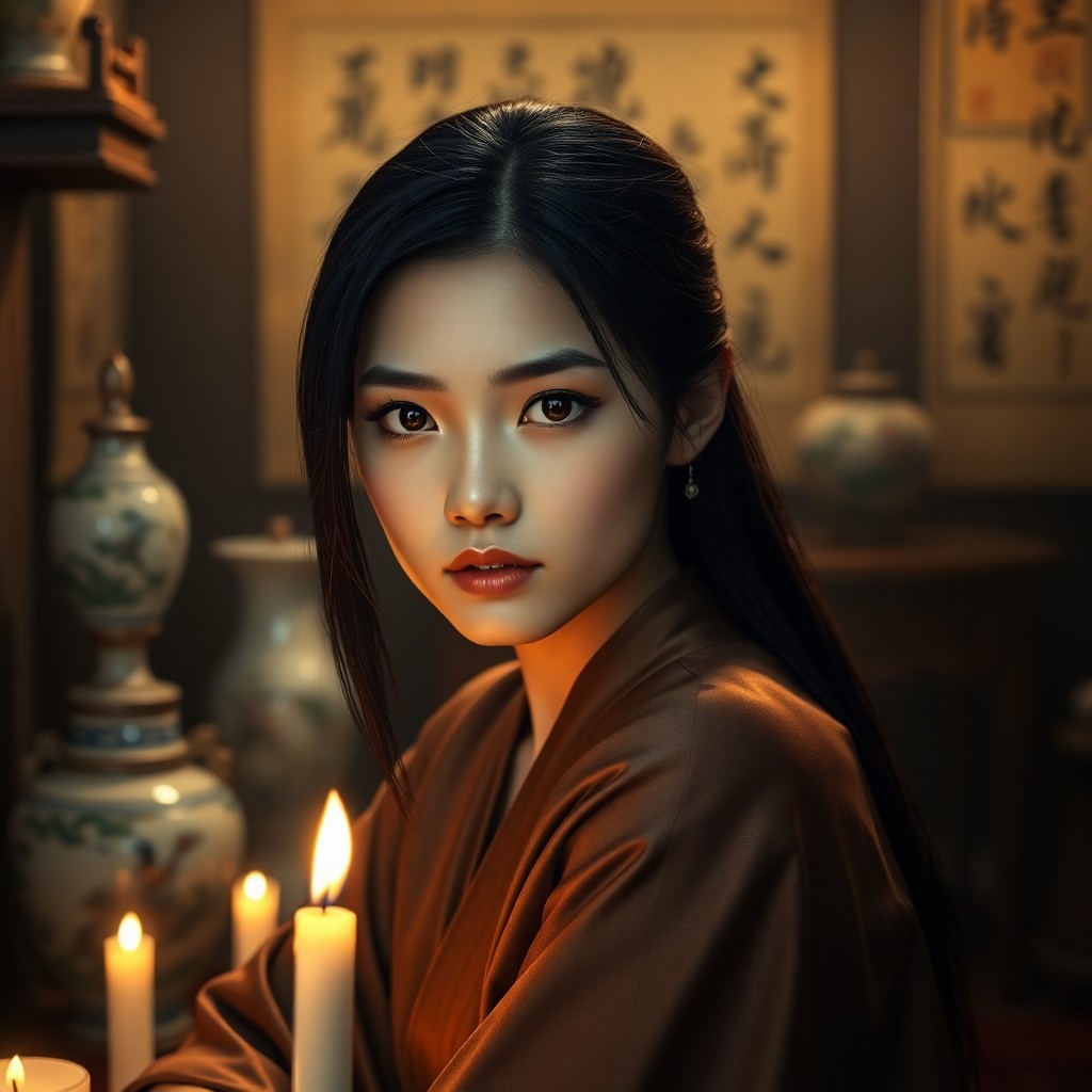 AI generated art for prompt: A photorealistic portrait captures the enigmatic gaze of a young East Asian woman with piercing dark