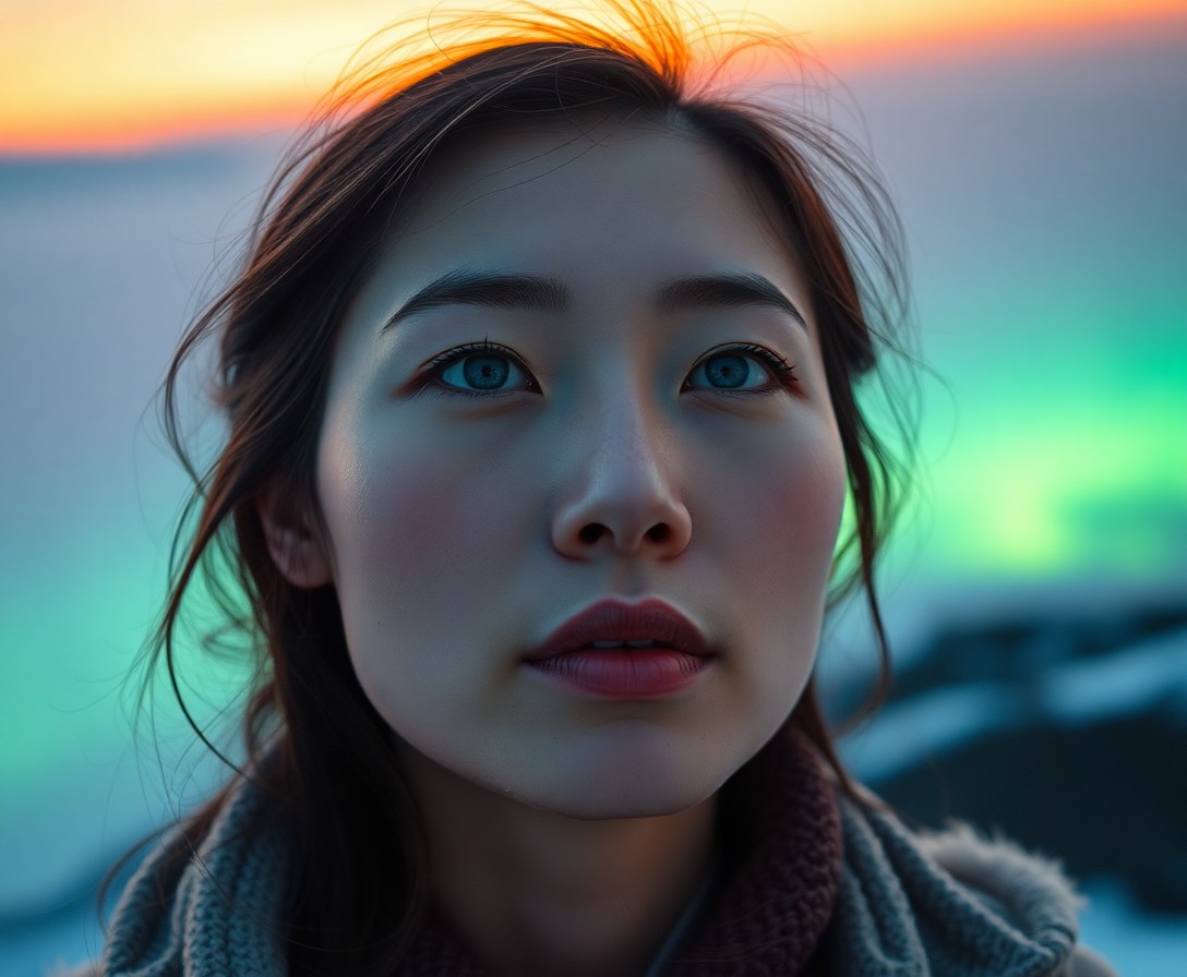 AI generated art for prompt: Imagine an aerial portrait of a mid-thirty East Asian woman with piercing blue eyes and porcelain sk