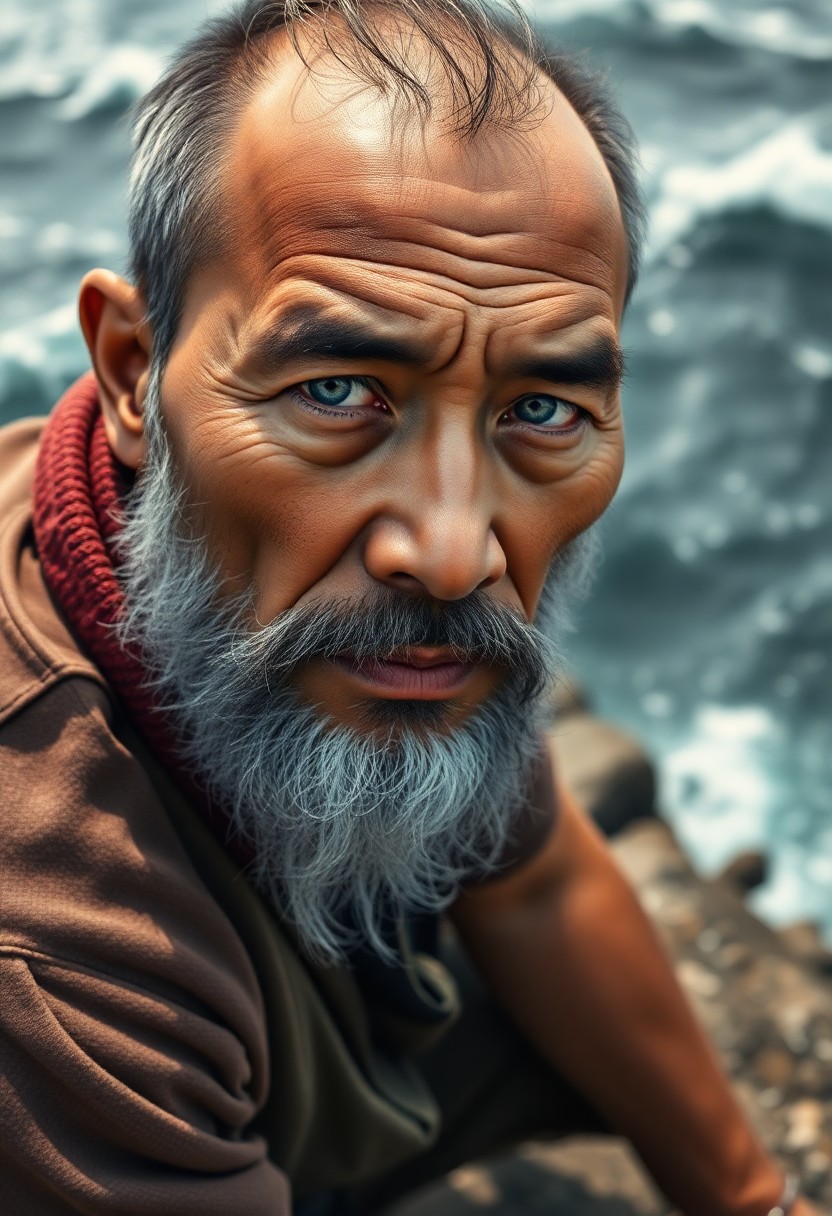 AI generated art for prompt: A photorealistic portrait captures an East Asian fisherman, his rugged features accentuated by pierc