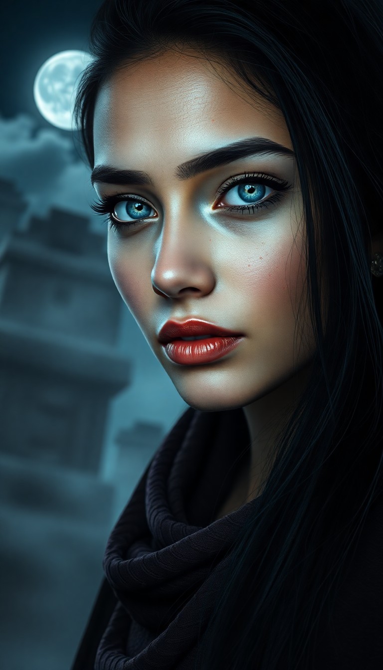 AI generated art for prompt: Create an ultrarealistic portrait of a South Asian woman with enigmatic allure. Her piercing ice-blu