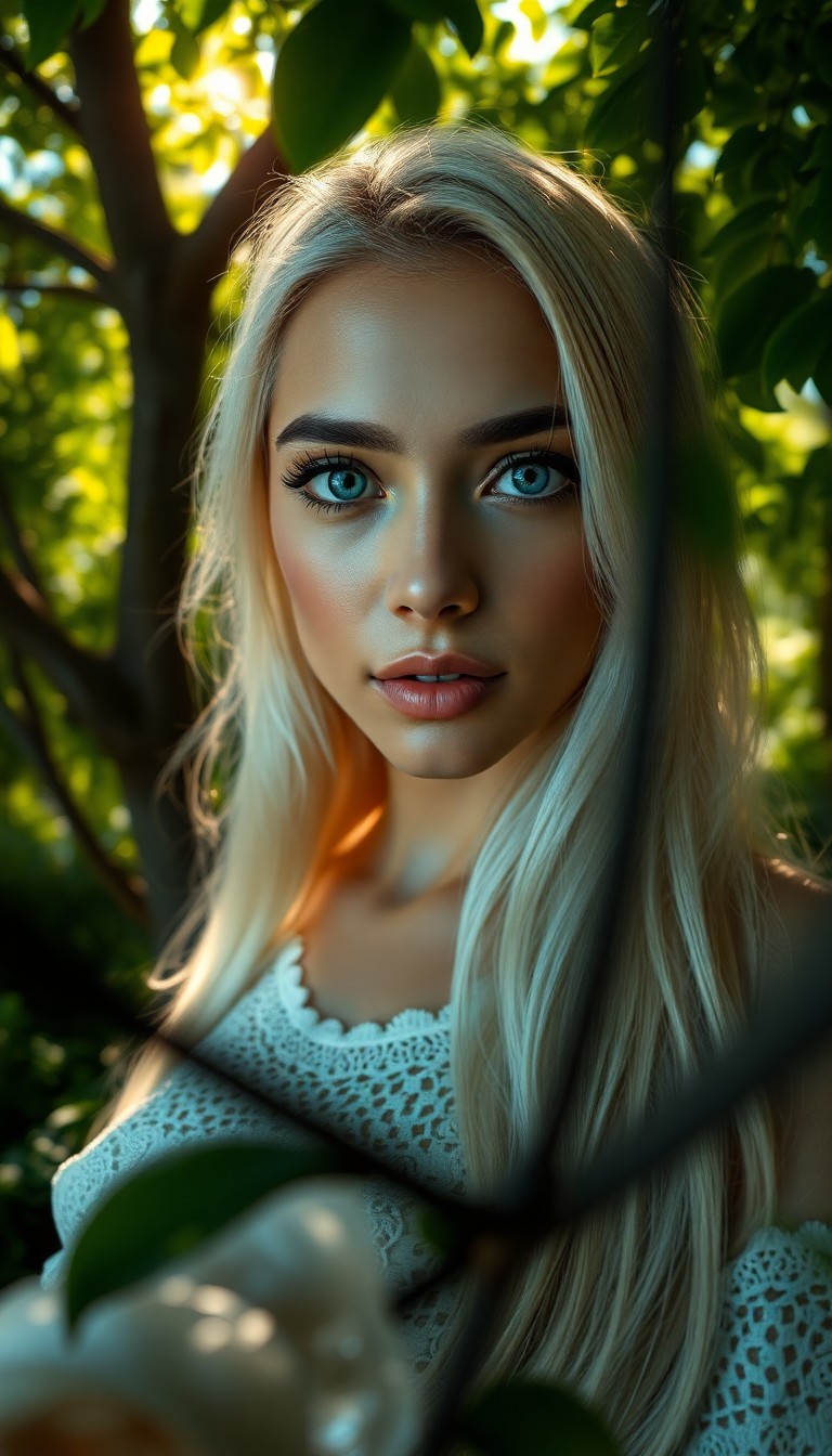 AI generated art for prompt: A photorealistic portrait of a South Asian woman with piercing blue eyes and long platinum blonde ha