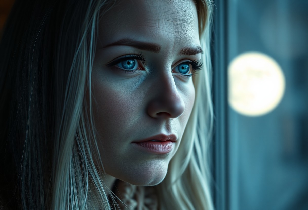 AI generated art for prompt: Envision a portrait photograph of a Nordic woman with piercing blue eyes and long, silver-streaked h