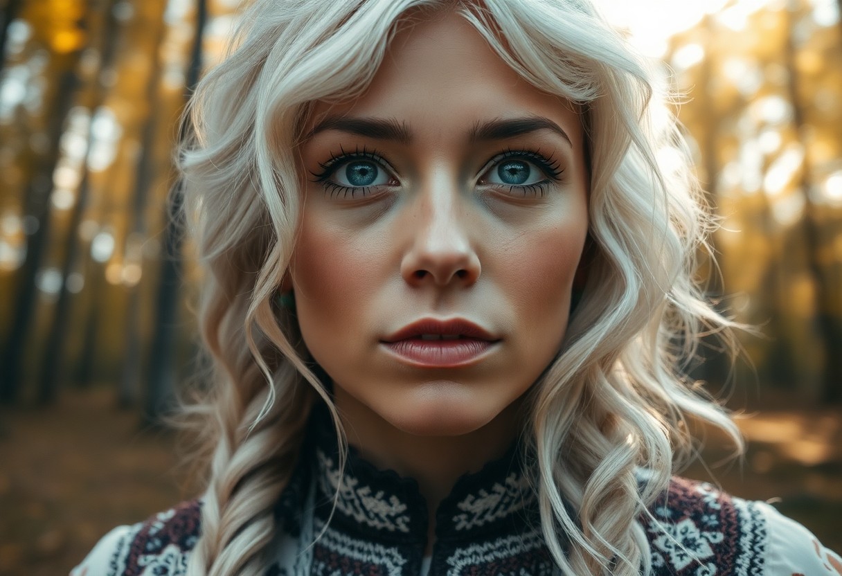 AI generated art for prompt: Imagine an intimate close-up portrait of a captivating Native American woman with piercing blue eyes