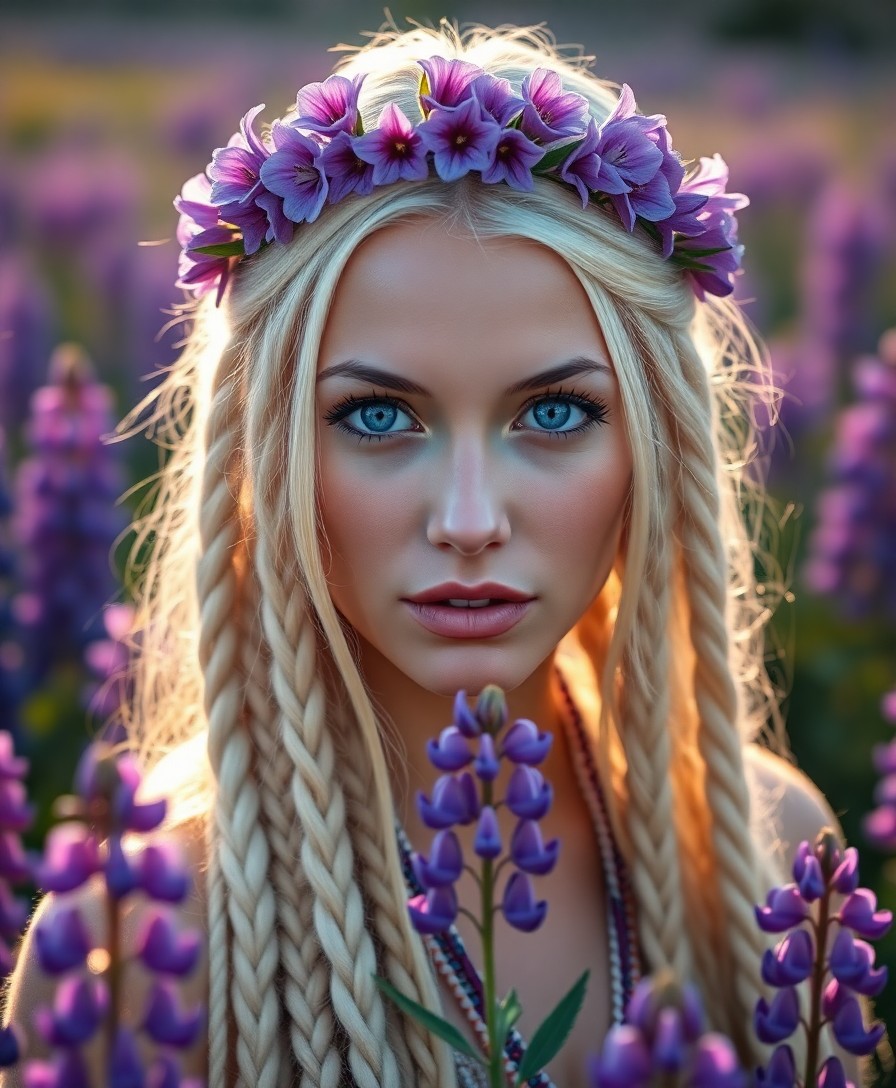 AI generated art for prompt: A captivating portrait of a Native American woman with piercing blue eyes and long, braided platinum