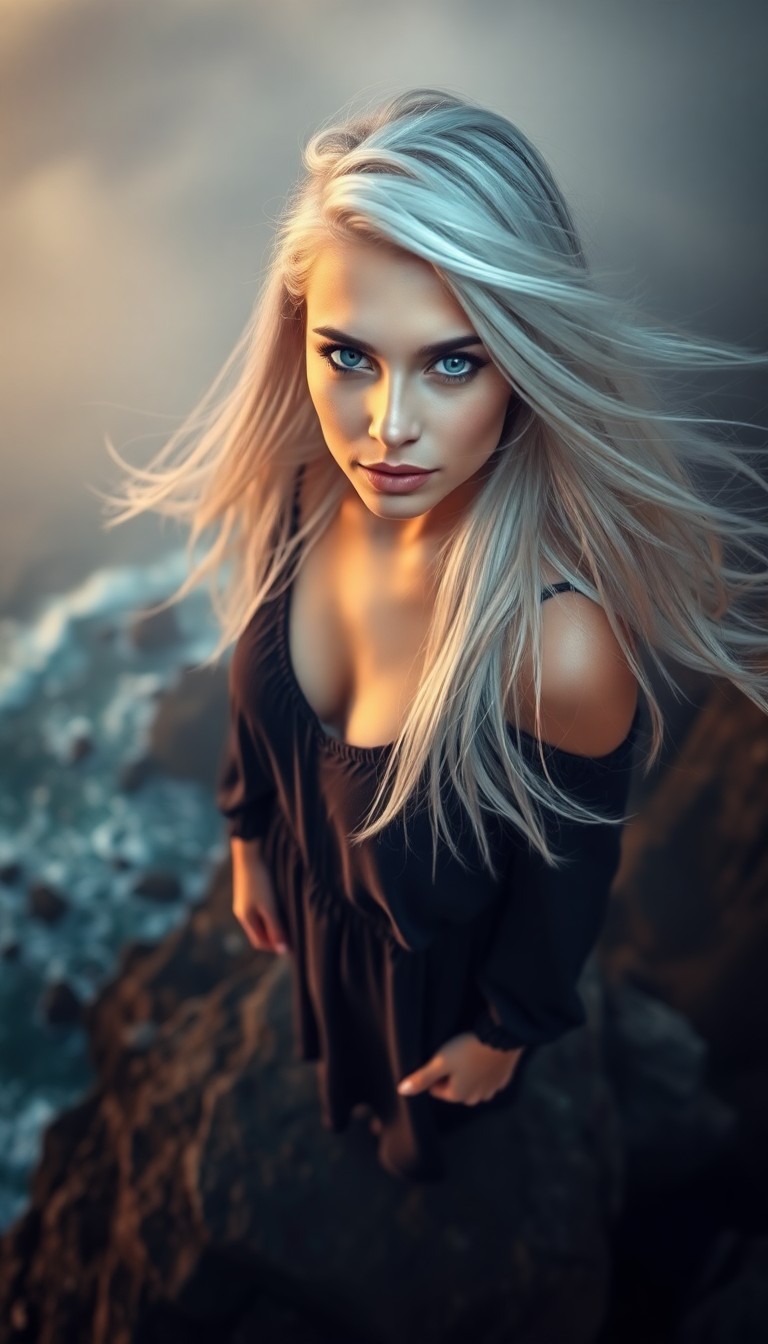 AI generated art for prompt: A portrait photograph captures the enigmatic charm of a Hispanic woman with striking blue eyes, porc