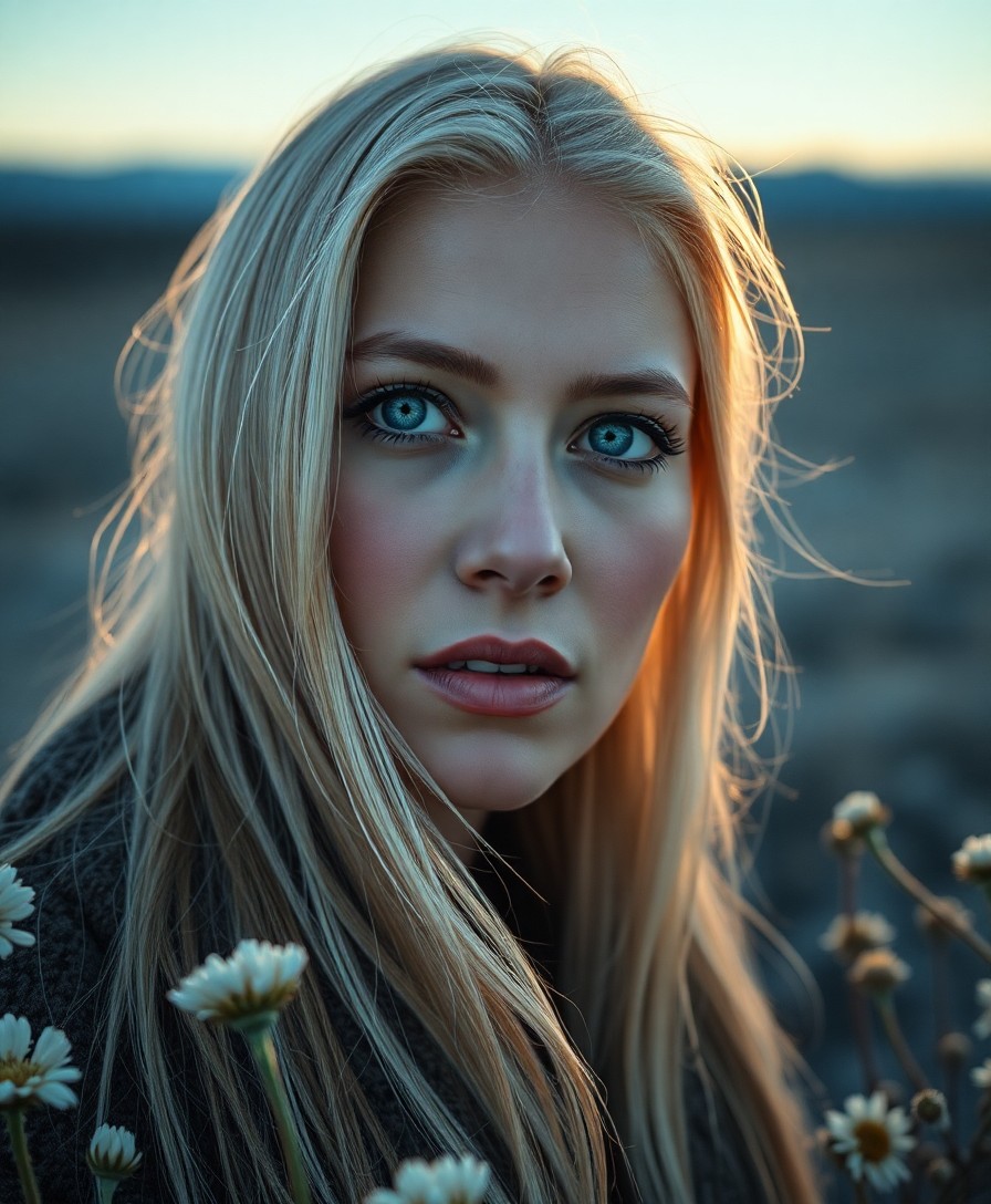 AI generated art for prompt: Create an enigmatic portrait of a Middle Eastern woman with piercing blue eyes and long, silver-stre