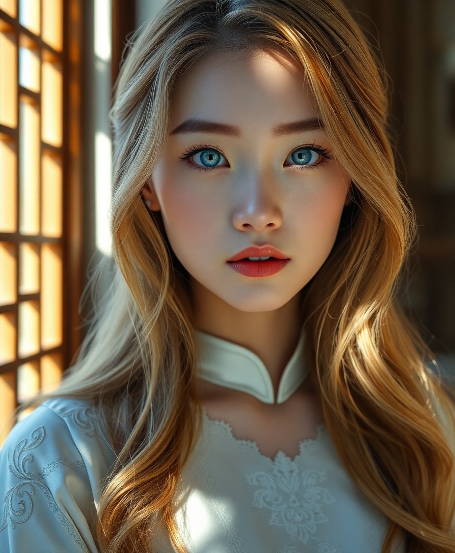 AI generated art for prompt: Immerse yourself in this photorealistic portrait of a young East Asian woman, captured with the cris