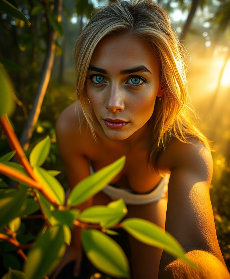 AI generated art for prompt: Create a dramatic portrait photograph of a Pacific Islander woman with striking blue eyes, sun-bleac