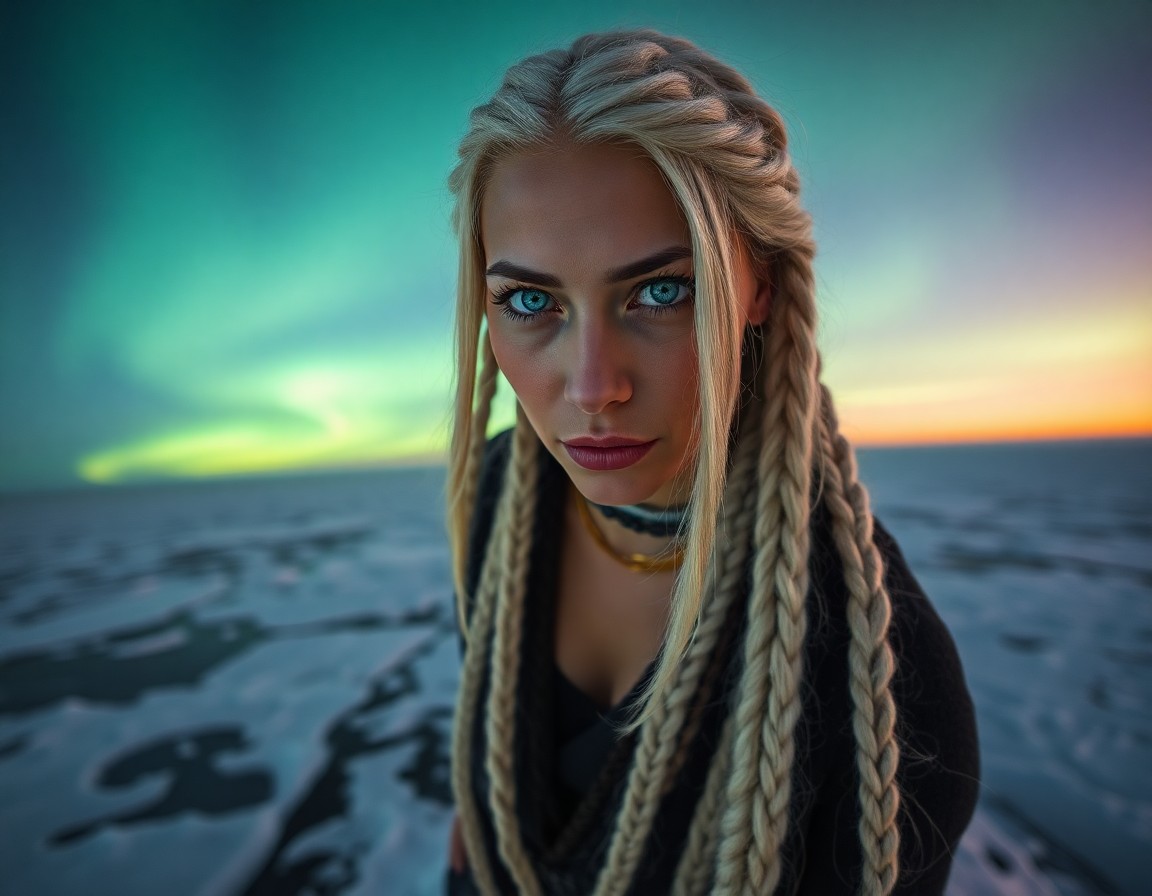 AI generated art for prompt: A portrait photograph captures the essence of a Native American woman with piercing blue eyes and lo