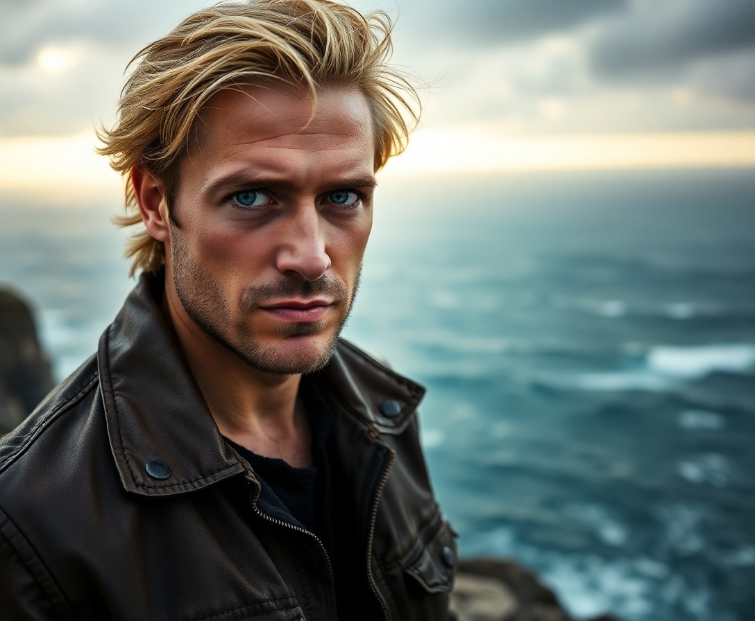 AI generated art for prompt: A portrait photo captures the essence of a charismatic European man. The man has piercing blue eyes,