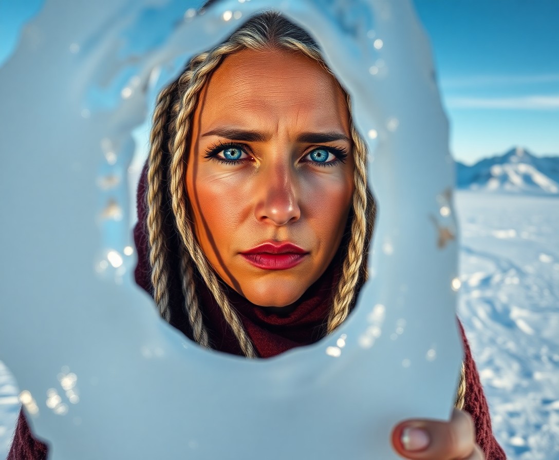 AI generated art for prompt: A hyperrealistic portrait of a stoic Middle Eastern woman with striking blue eyes and long, silver-s
