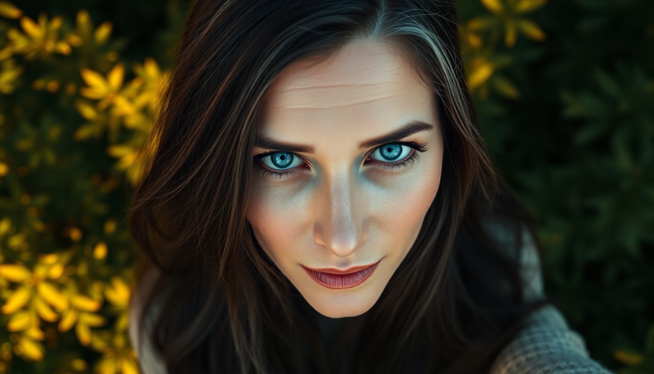 AI generated art for prompt: Create a super-realistic portrait of a Slavic woman in her mid-forties. She has striking blue eyes a