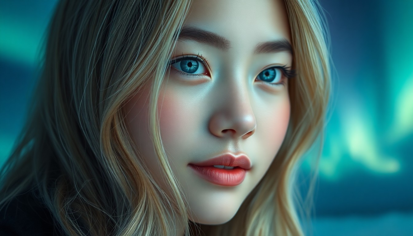 AI generated art for prompt: Envision a super-realistic portrait of an East Asian woman with porcelain skin, ice-blue eyes, and d