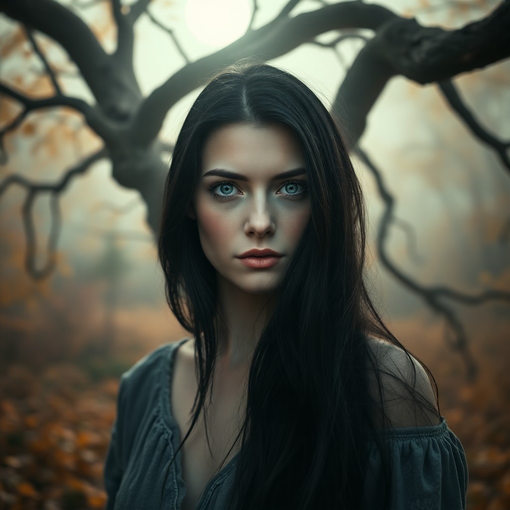 AI generated art for prompt: A portrait photograph captures a Nordic woman with piercing blue eyes and raven-black hair cascading