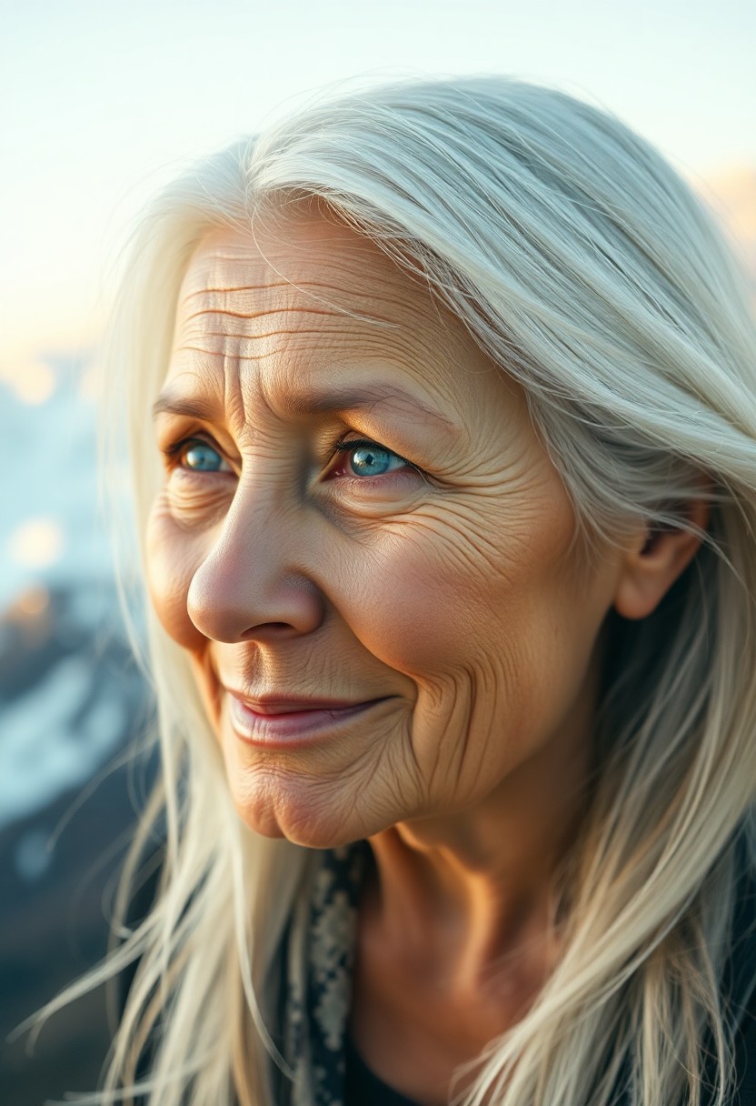 AI generated art for prompt: Create a portrait photograph of a 50-year-old Pacific Islander woman. Her captivating icy blue eyes 