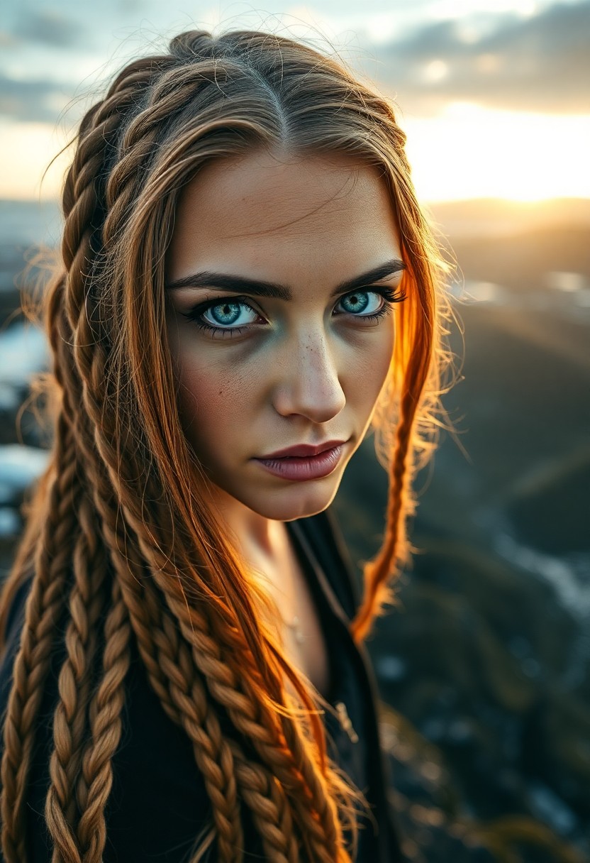 AI generated art for prompt: A portrait of a Middle Eastern woman with piercing blue eyes and long, golden braided hair, taken wi