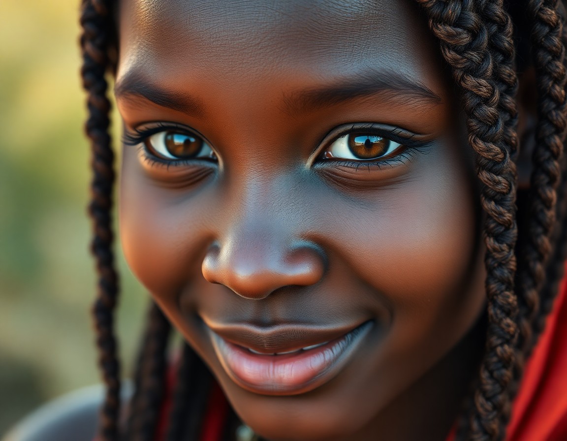 AI generated art for prompt: Create a photorealistic portrait of a young African woman with warm, brown eyes and intricate braide