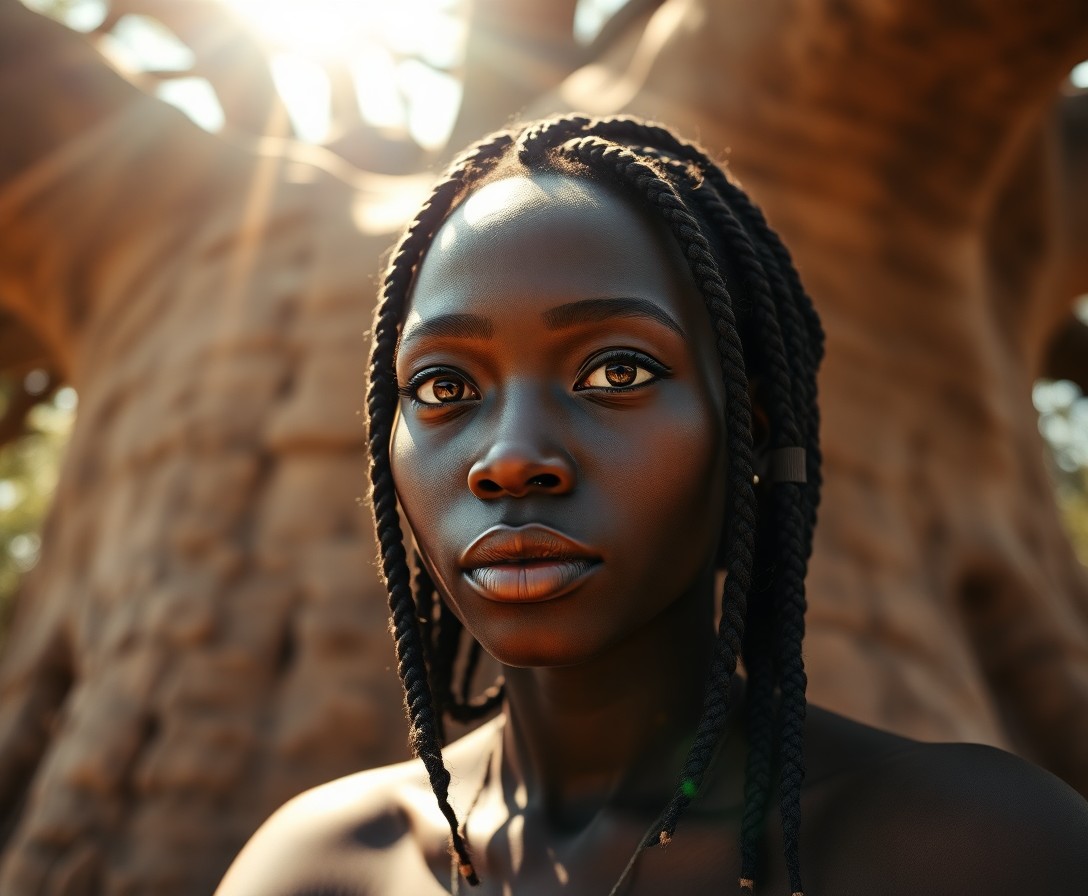 AI generated art for prompt: Create an ultra-realistic portrait of a woman with rich, dark skin and piercing eyes, rendered in hy