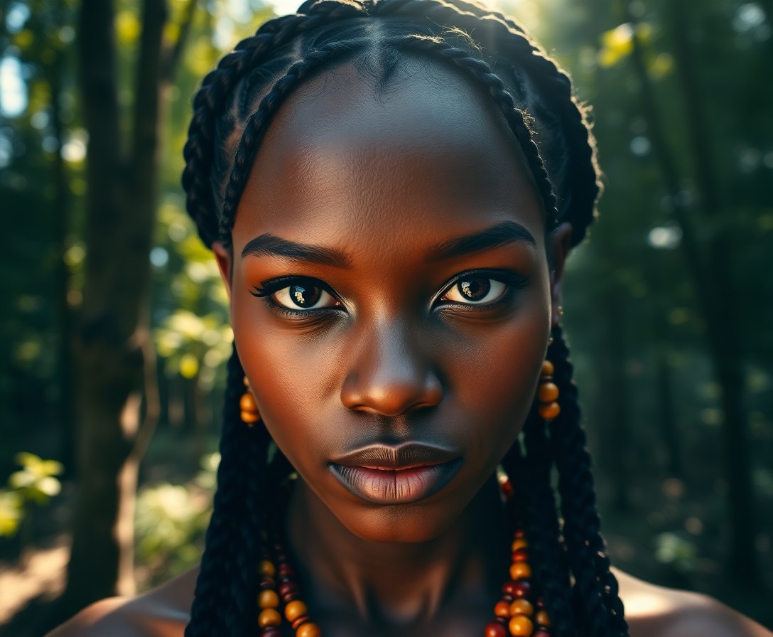 AI generated art for prompt: Imagine a portrait photograph of an African-American woman, her deep brown eyes holding an enigmatic