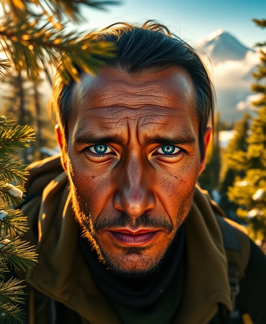 AI generated art for prompt: Create a superrealistic portrait of a Pacific Islander adventurer with piercing blue eyes, captured 