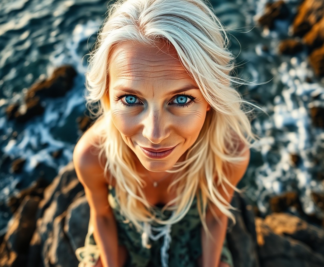 AI generated art for prompt: A portrait photograph captures a Native American woman with piercing blue eyes and platinum blonde h