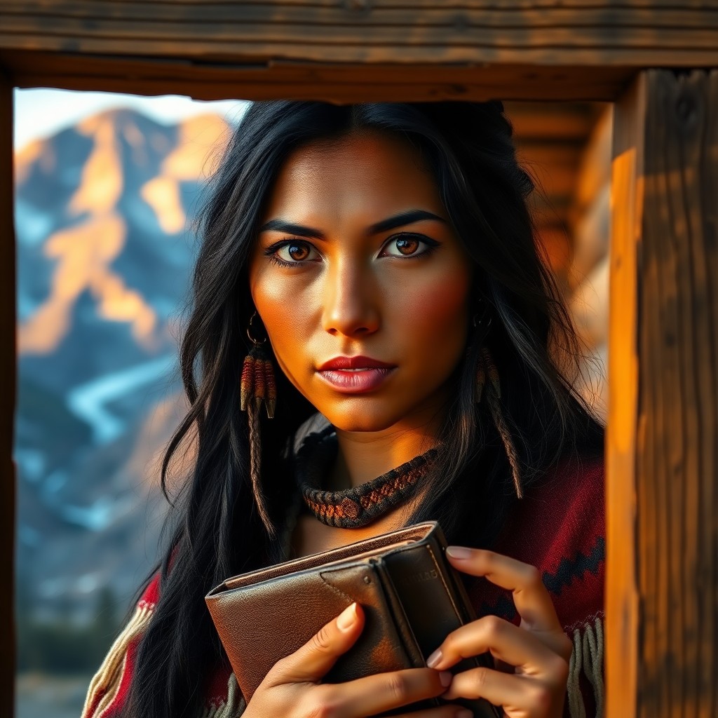 AI generated art for prompt: Create a portrait of a spirited Native American woman with striking amber eyes and jet-black hair ad