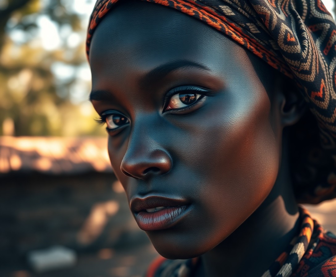 AI generated art for prompt: Visualize a hyperrealistic portrait of an African woman with an introspective gaze, her striking alm