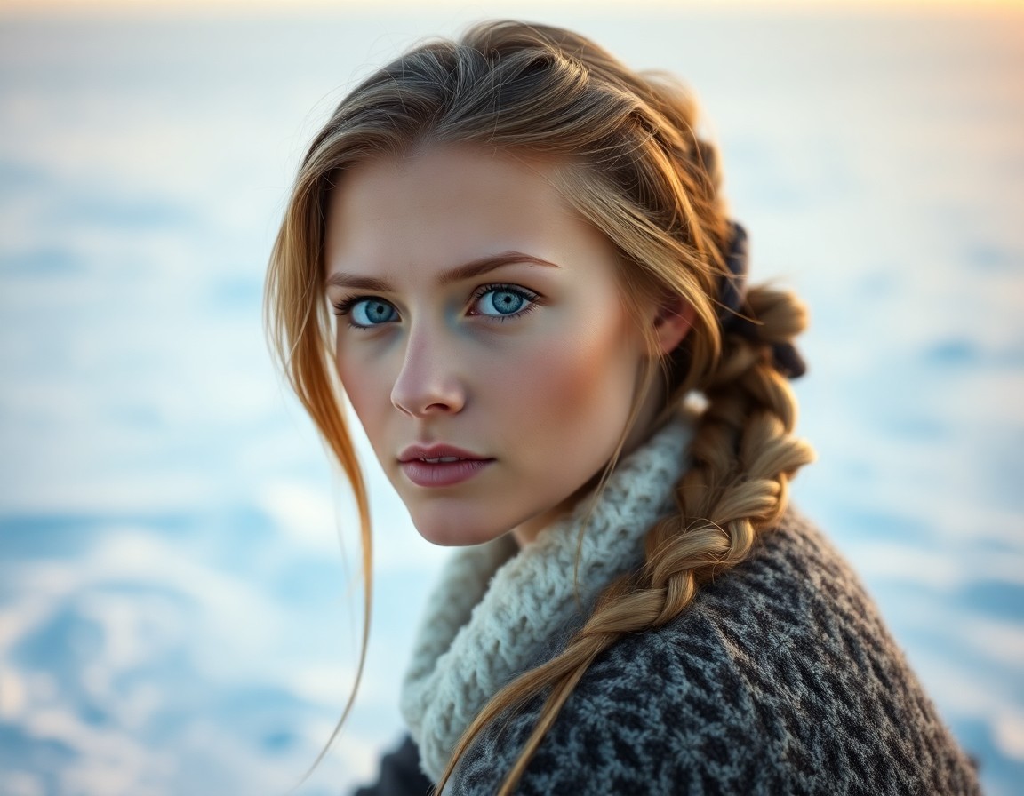 AI generated art for prompt: A portrait photograph captures the essence of a Nordic woman with piercing blue eyes and golden-brow