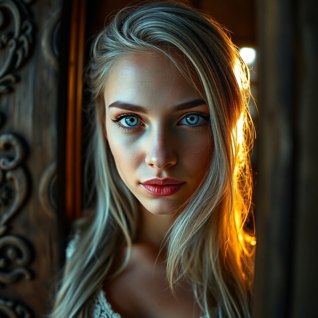 AI generated art for prompt: A portrait photograph captures an enigmatic European woman. She has piercing ice-blue eyes and silve