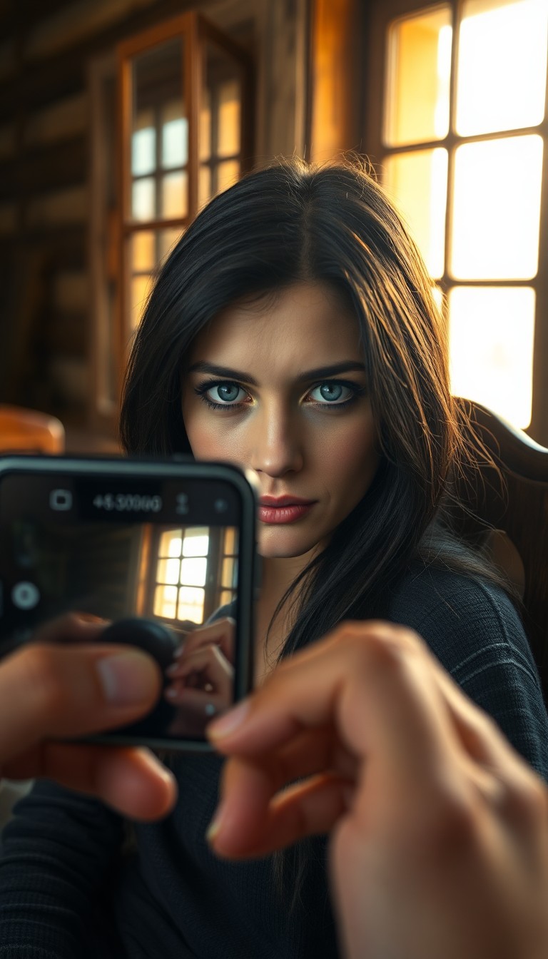 AI generated art for prompt: A smartphone camera captures the enigmatic gaze of an Eastern European woman with striking blue eyes