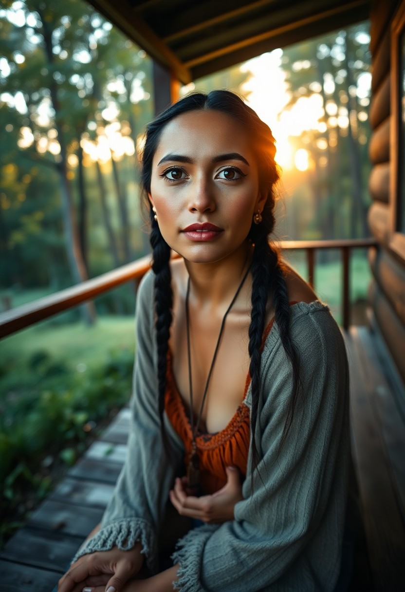 AI generated art for prompt: Create a portrait with a DSLR of a Native American woman with prominent cheekbones, full lips, and d