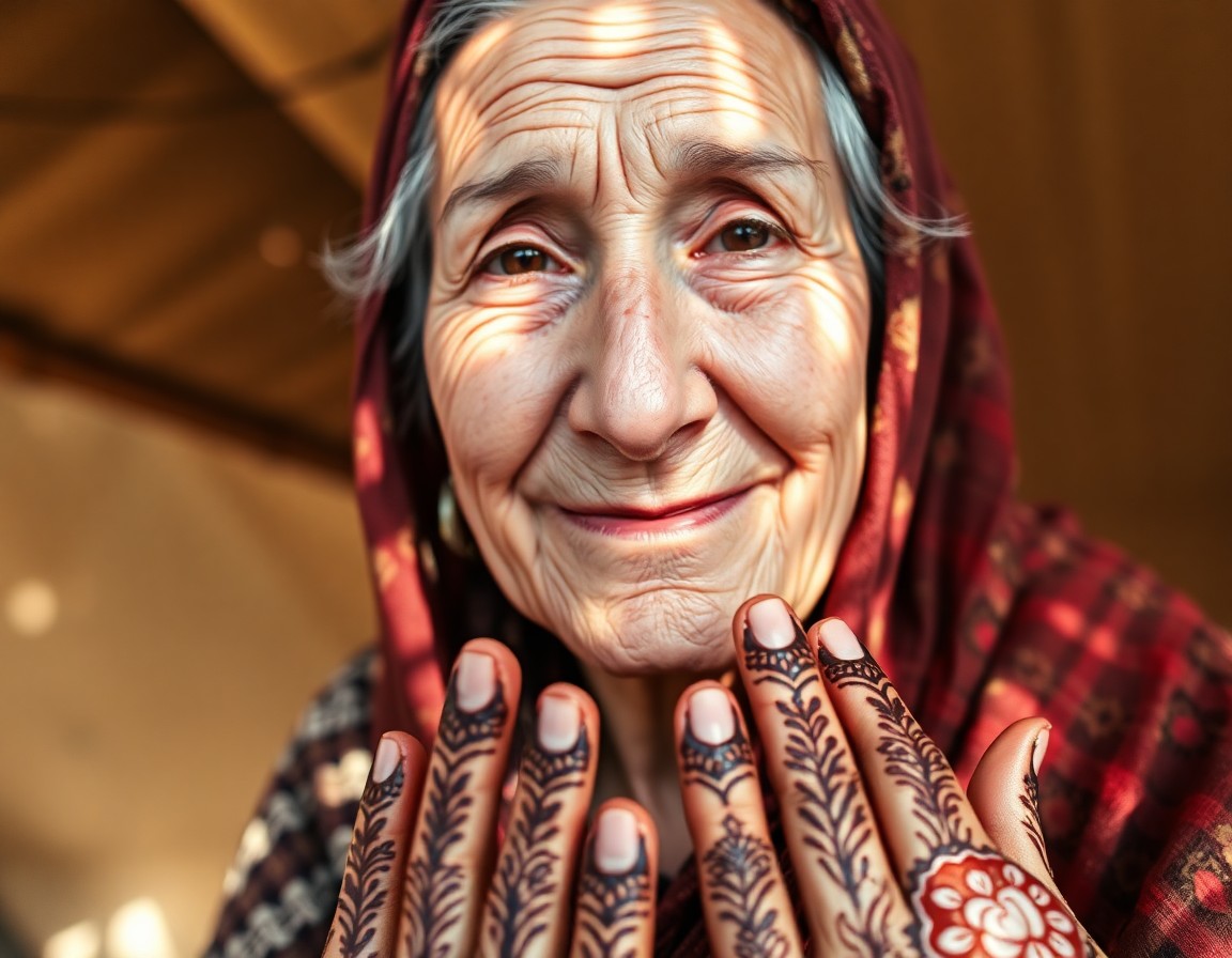 AI generated art for prompt: Create an iPhone portrait of an enigmatic elderly Middle Eastern woman, her face weathered with deep