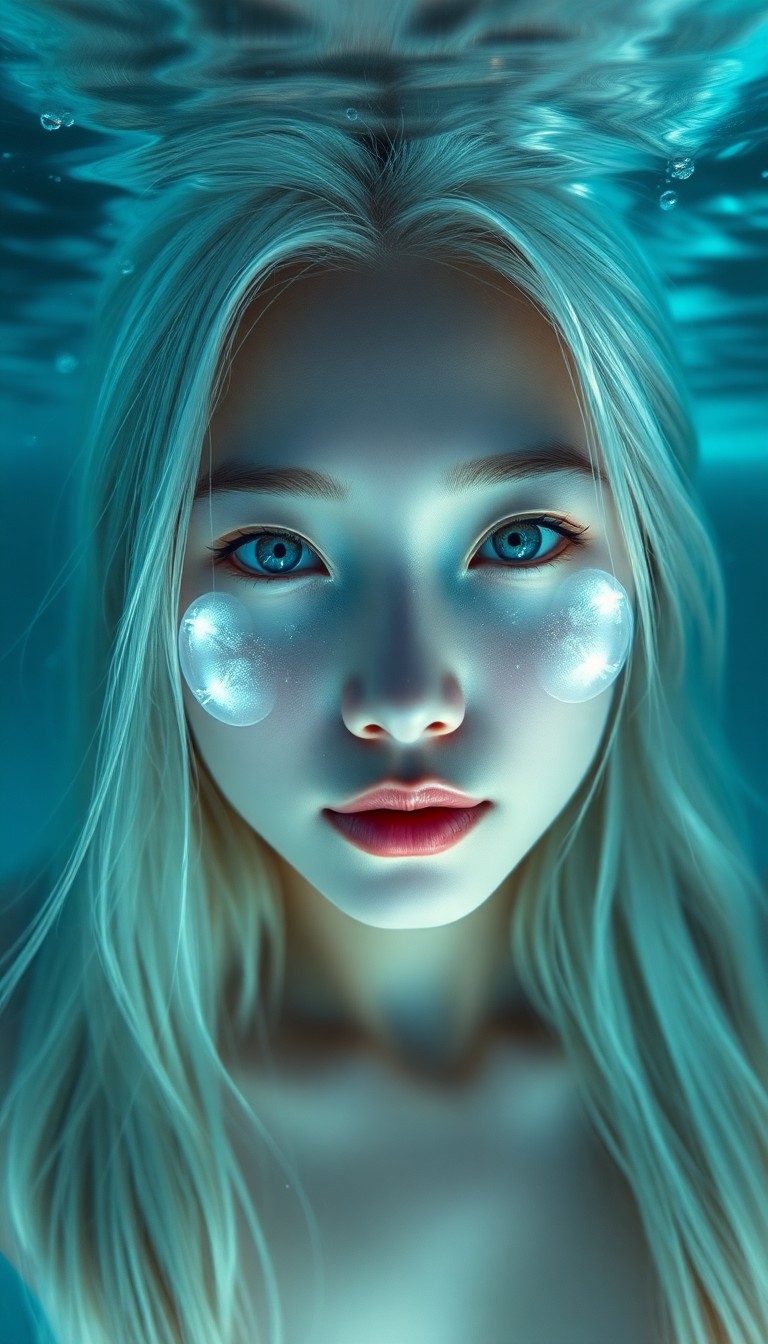 AI generated art for prompt: Imagine an underwater portrait of an East Asian woman with mesmerizing icy blue eyes and waist-lengt