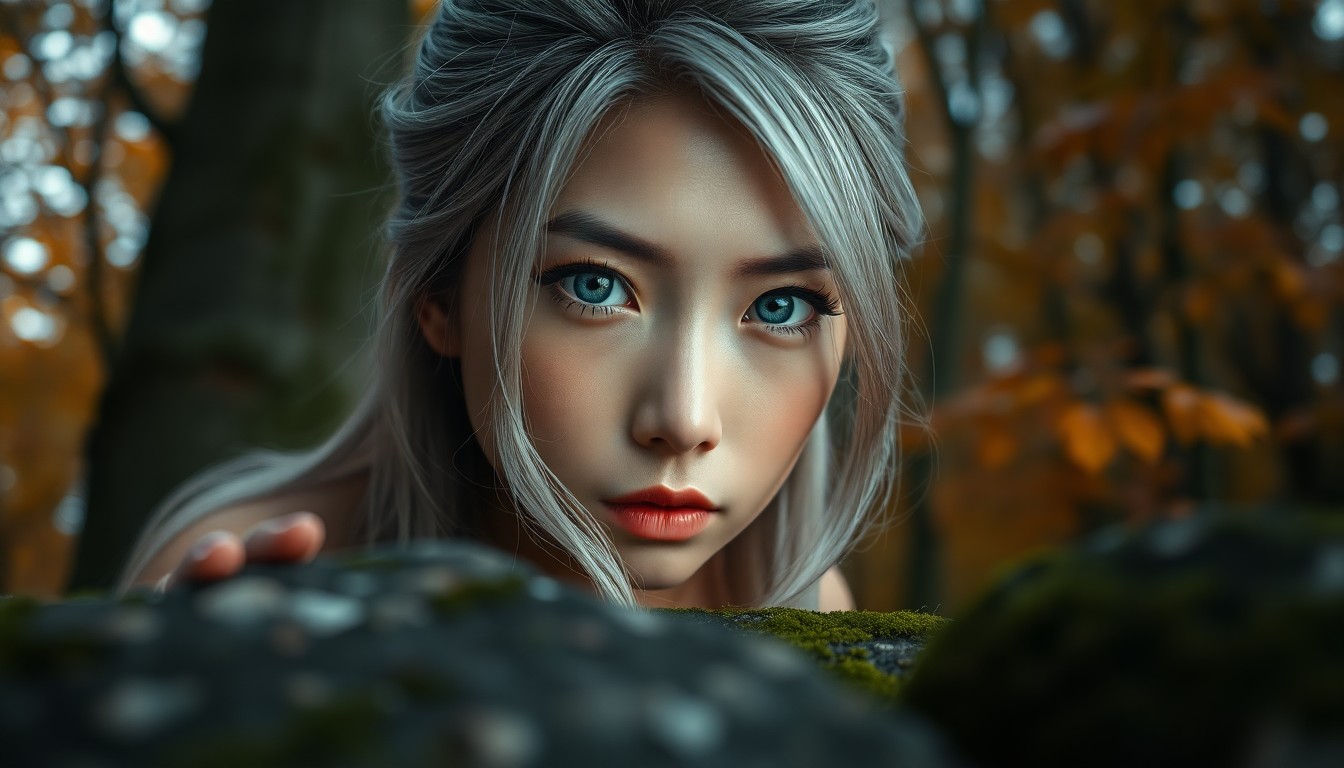 AI generated art for prompt: A photorealistic portrait captures the enigmatic gaze of an East Asian woman with piercing blue eyes