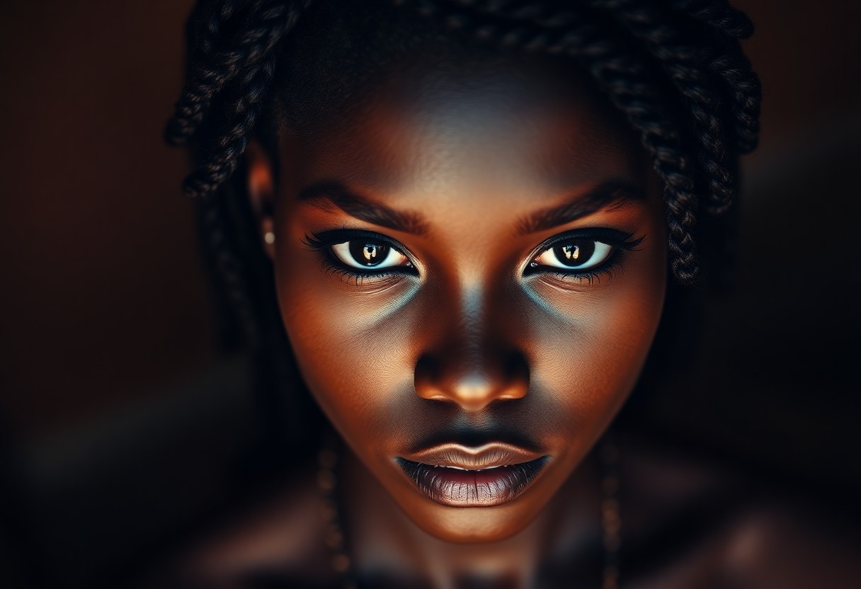 AI generated art for prompt: A portrait photograph captures an enigmatic African woman with deep, dark eyes and intricate braided