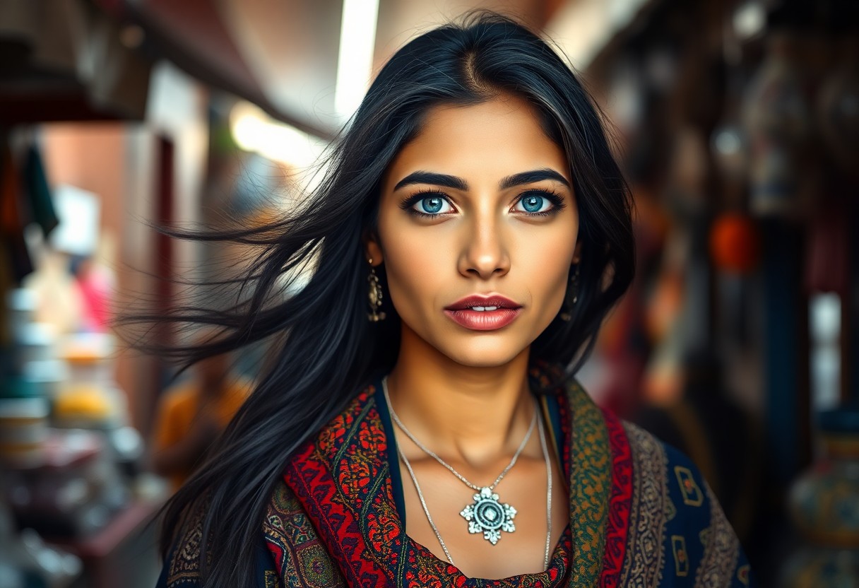 AI generated art for prompt: A hyperrealistic portrait of a South Asian woman with piercing blue eyes, flowing raven hair, and a 