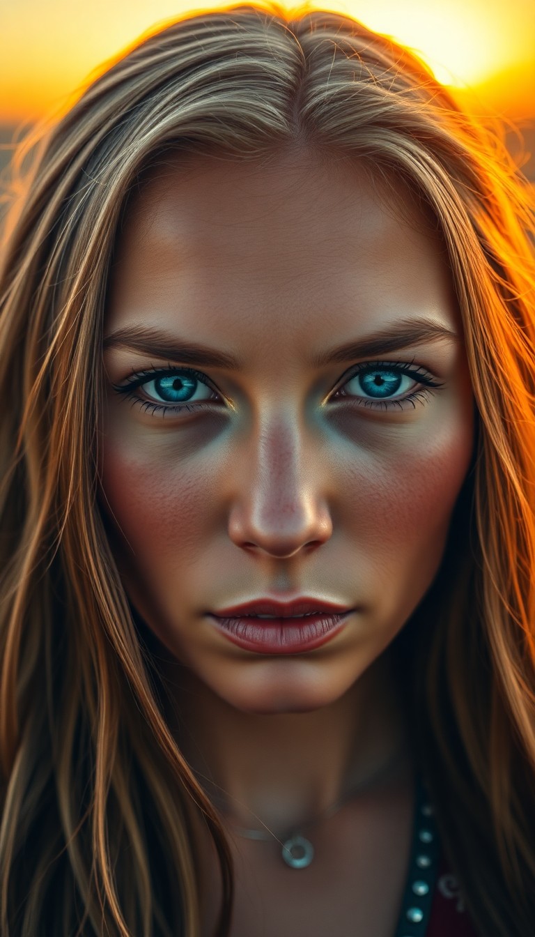 AI generated art for prompt: A photorealistic portrait of a Native American woman in her mid-thirties showcases piercing blue eye