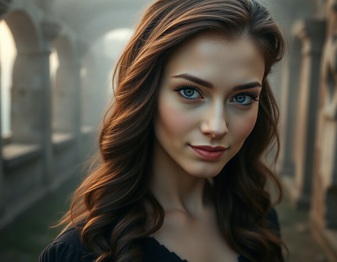 AI generated art for prompt: A DSLR portrait captures an Eastern European woman's enigmatic allure with her striking violet eyes 