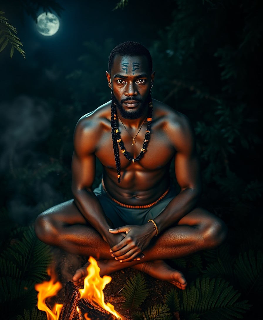 AI generated art for prompt: A portrait photograph reveals an African shaman's enigmatic presence amidst a sacred fire in a moonl