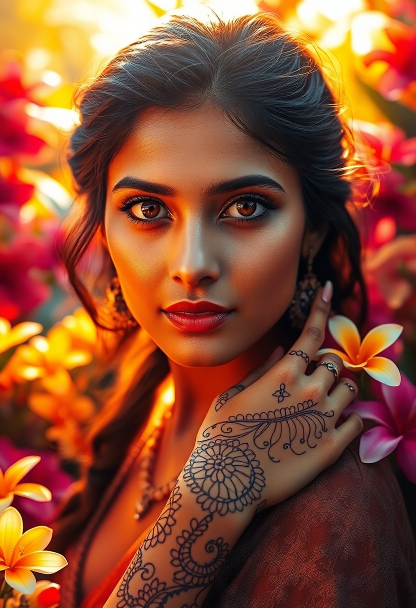 AI generated art for prompt: Craft an ultrarealistic portrait of a captivating South Asian woman with enigmatic brown eyes and lu