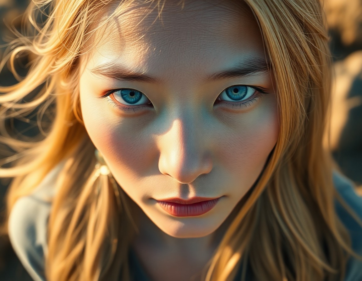 AI generated art for prompt: An enigmatic East Asian woman with piercing ice-blue eyes and long, flowing blonde hair, illuminated