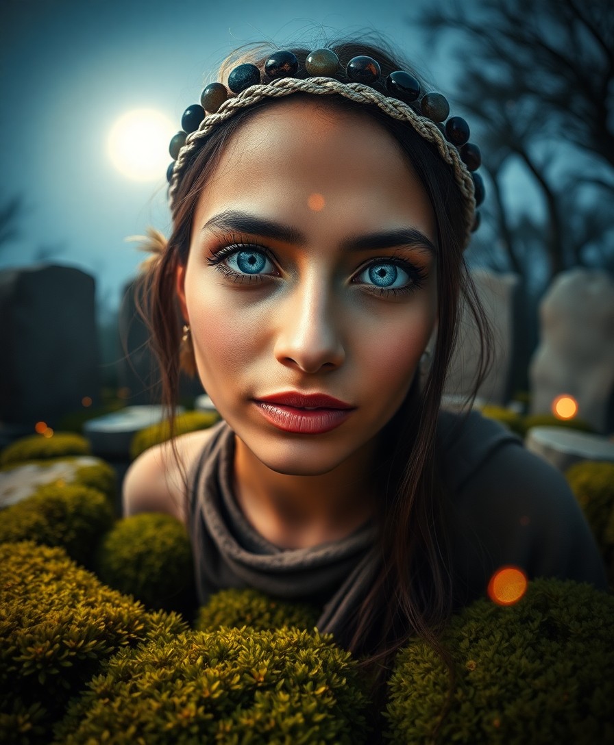 AI generated art for prompt: Envision a portrait photograph showcasing an enigmatic South Asian woman with striking ice-blue eyes