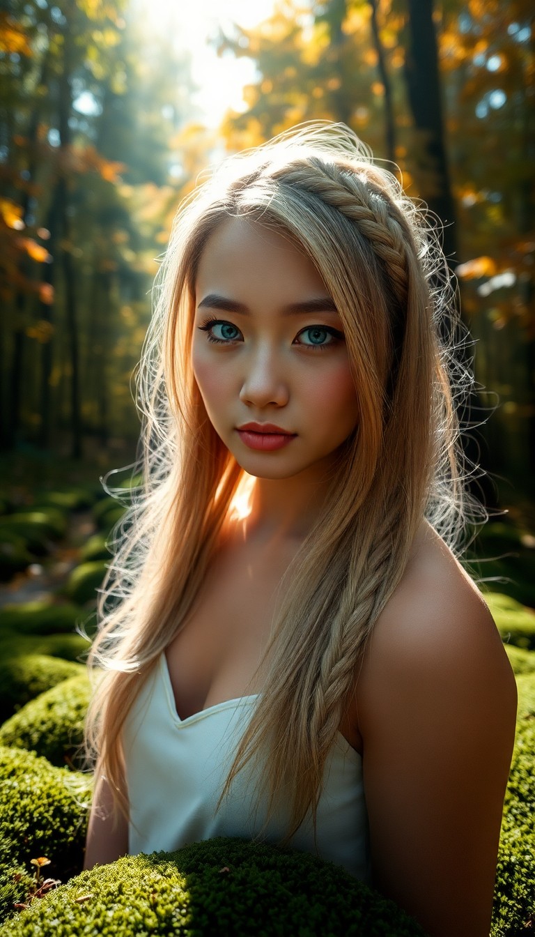 AI generated art for prompt: Envision a portrait photograph capturing an East Asian woman with captivating ice-blue eyes and intr