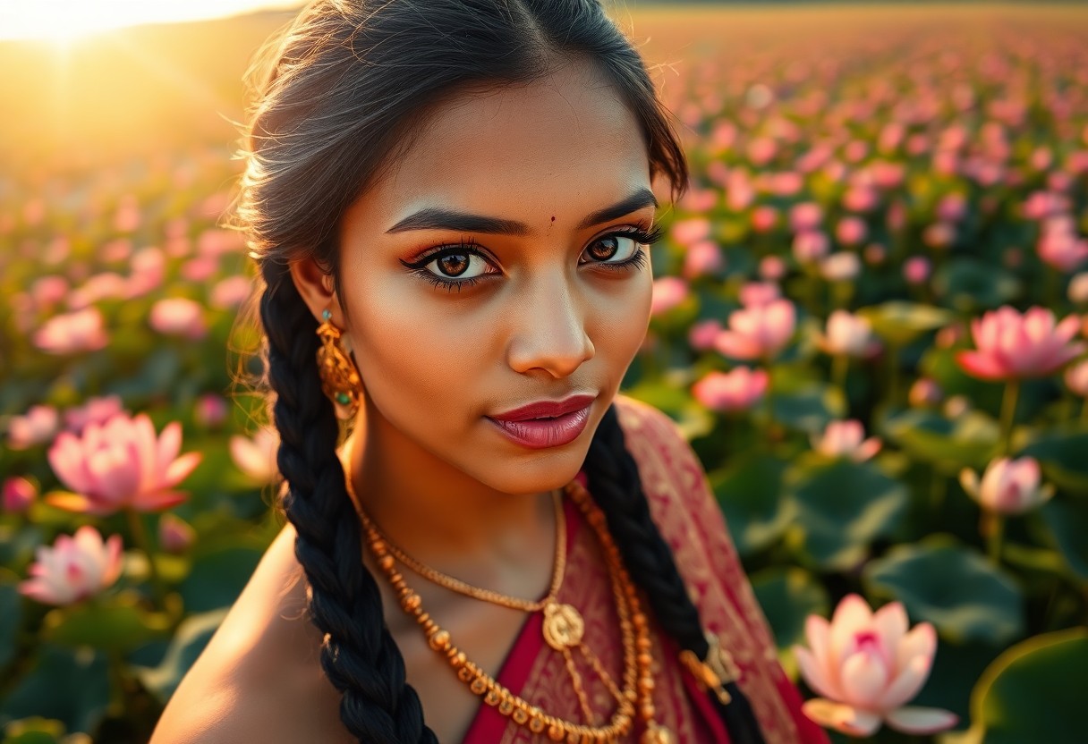 AI generated art for prompt: Create a photorealistic portrait of a captivating South Asian woman with mesmerizing brown eyes and 