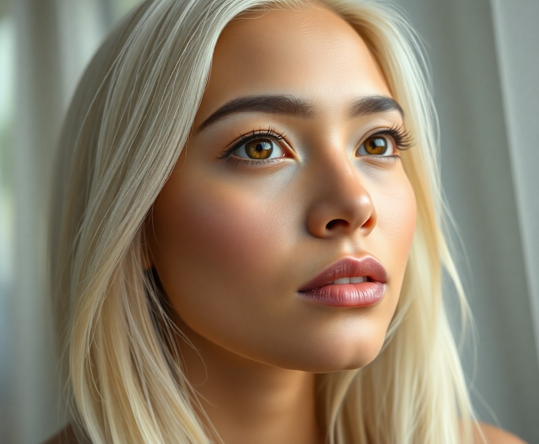 AI generated art for prompt: A super-realistic portrait of a South Asian woman with amber eyes and sleek platinum blonde hair, ca