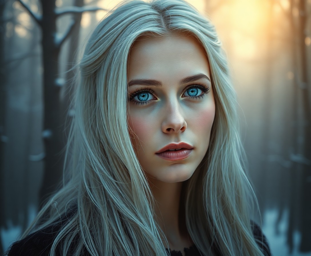 AI generated art for prompt: Depict a Nordic woman with piercing blue eyes and flowing silver-white hair cascading over her shoul