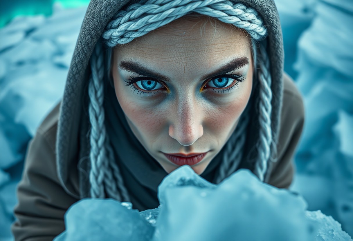 AI generated art for prompt: A hyperrealistic portrait photograph captures a wise Middle Eastern woman with icy blue eyes and sno